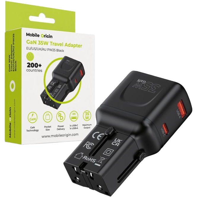 Ładowarka podróżna GaN USB-C PD, USB-A, 35W, Mobile Origin PW25 do wtyczek EU / US / UK / AU, czarna