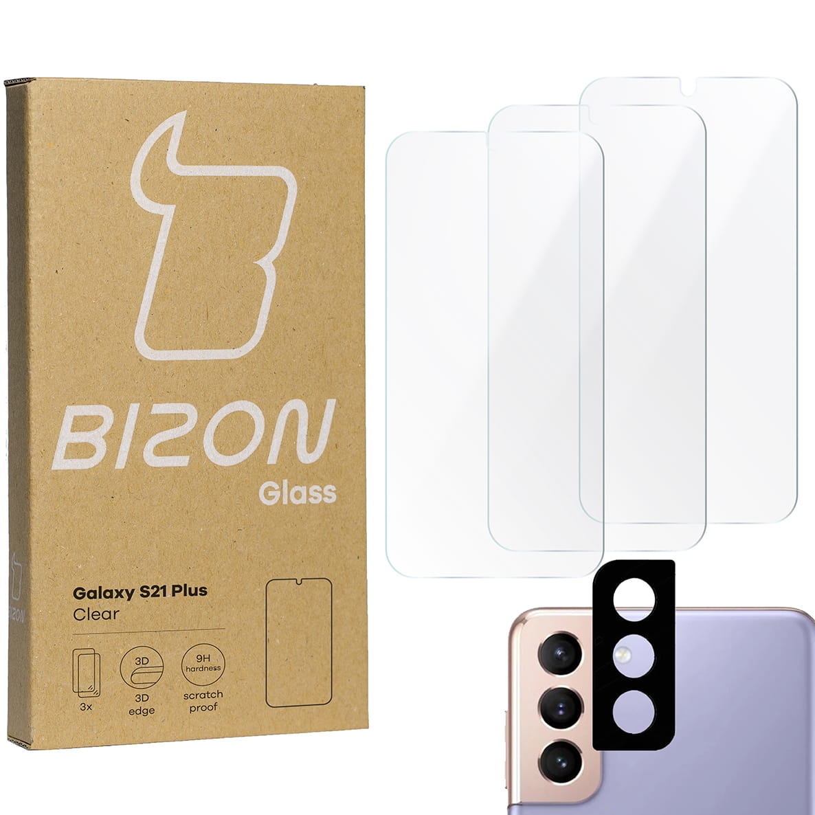 Image of 3x Szkło hartowane + szybka na aparat Bizon Glass Clear Pack, Galaxy S21 Plus 5G