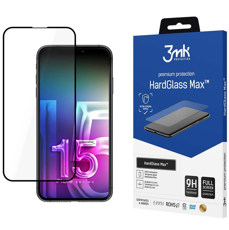 Image of Szkło hartowane 3mk HardGlass Max do iPhone 15 Pro, czarna ramka
