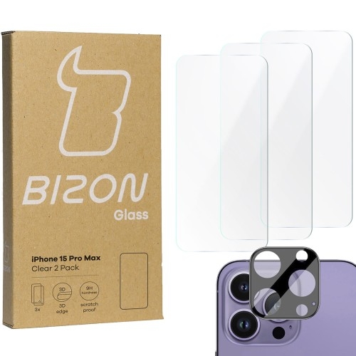 Image of 3x Szkło + szybka na aparat BIZON Clear 2 Pack do iPhone 15 Pro Max