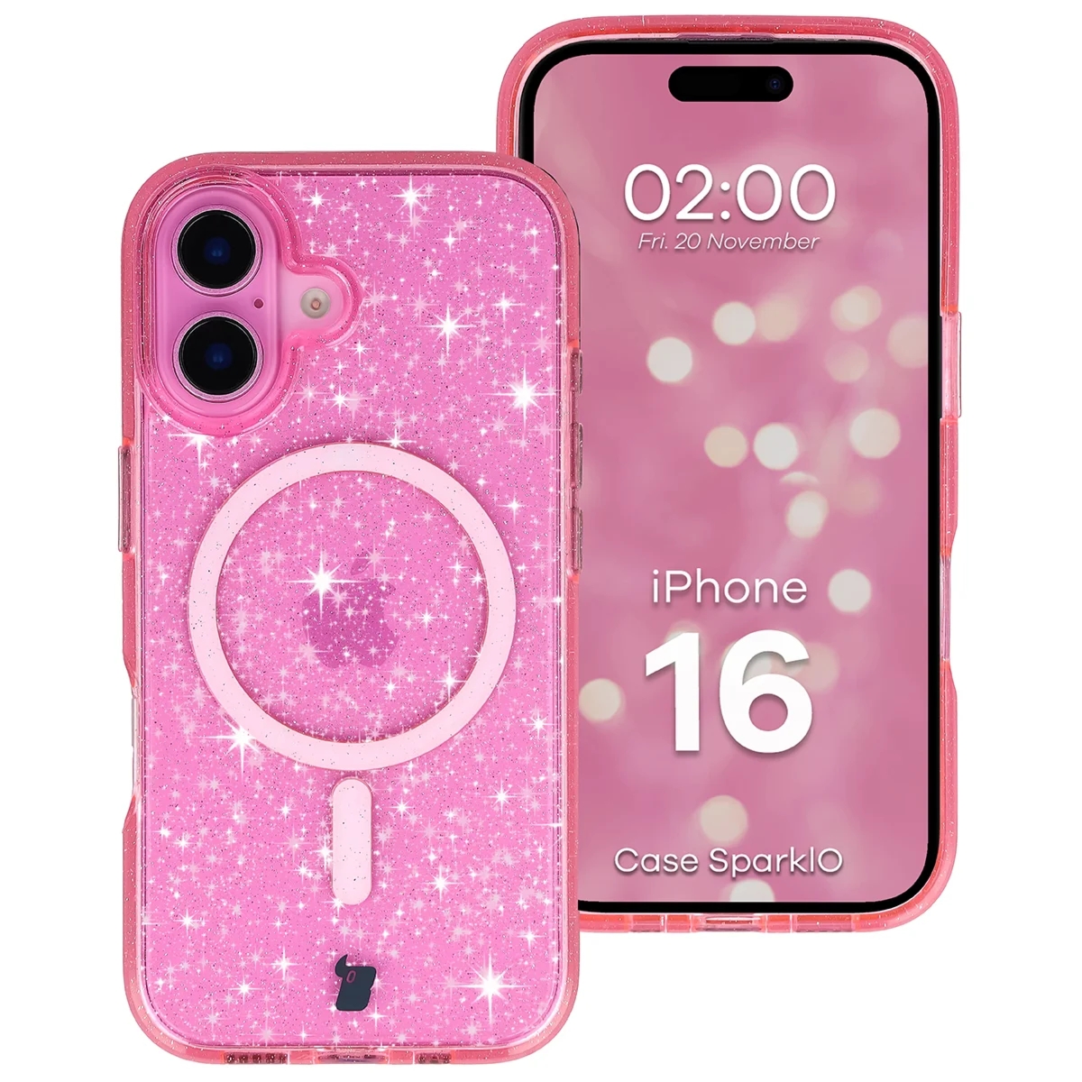 Etui brokatowe z pierścieniem magnetycznym Bizon Case SparklO do iPhone 16, przezroczysto-różowe z brokatem
