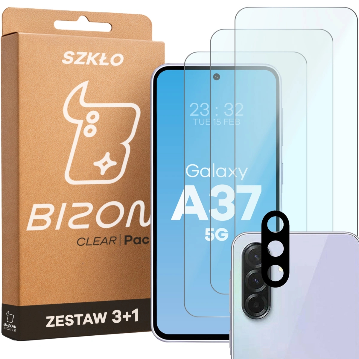 3x Szkło hartowane + szybka na aparat Bizon Glass Clear Pack do Galaxy A37 5G