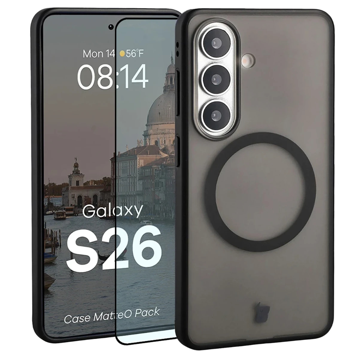 Etui z pierścieniem magnetycznym + szkło hartowane Bizon MatteO Pack do Galaxy S26, przydymione-czarne