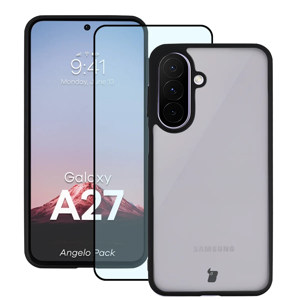 Etui + szkło hartowane Bizon Angelo Pack do Galaxy A27 5G, przydymione z czarną ramką