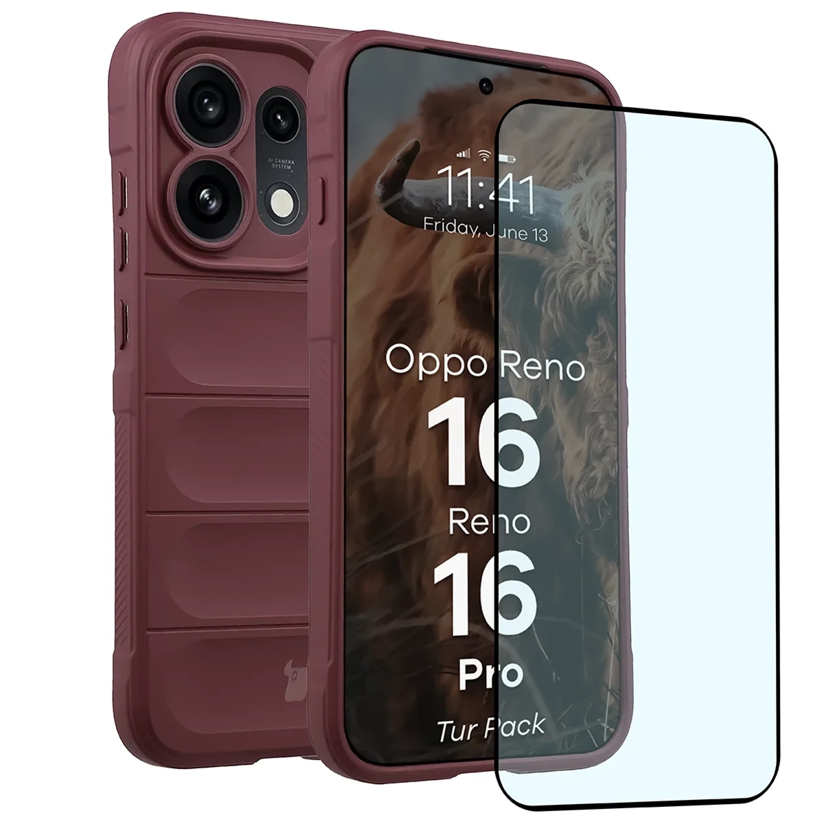 Pancerne etui + szkło hartowane Bizon Tur Pack do Oppo Reno16 / Reno16 Pro 5G, burgundowe