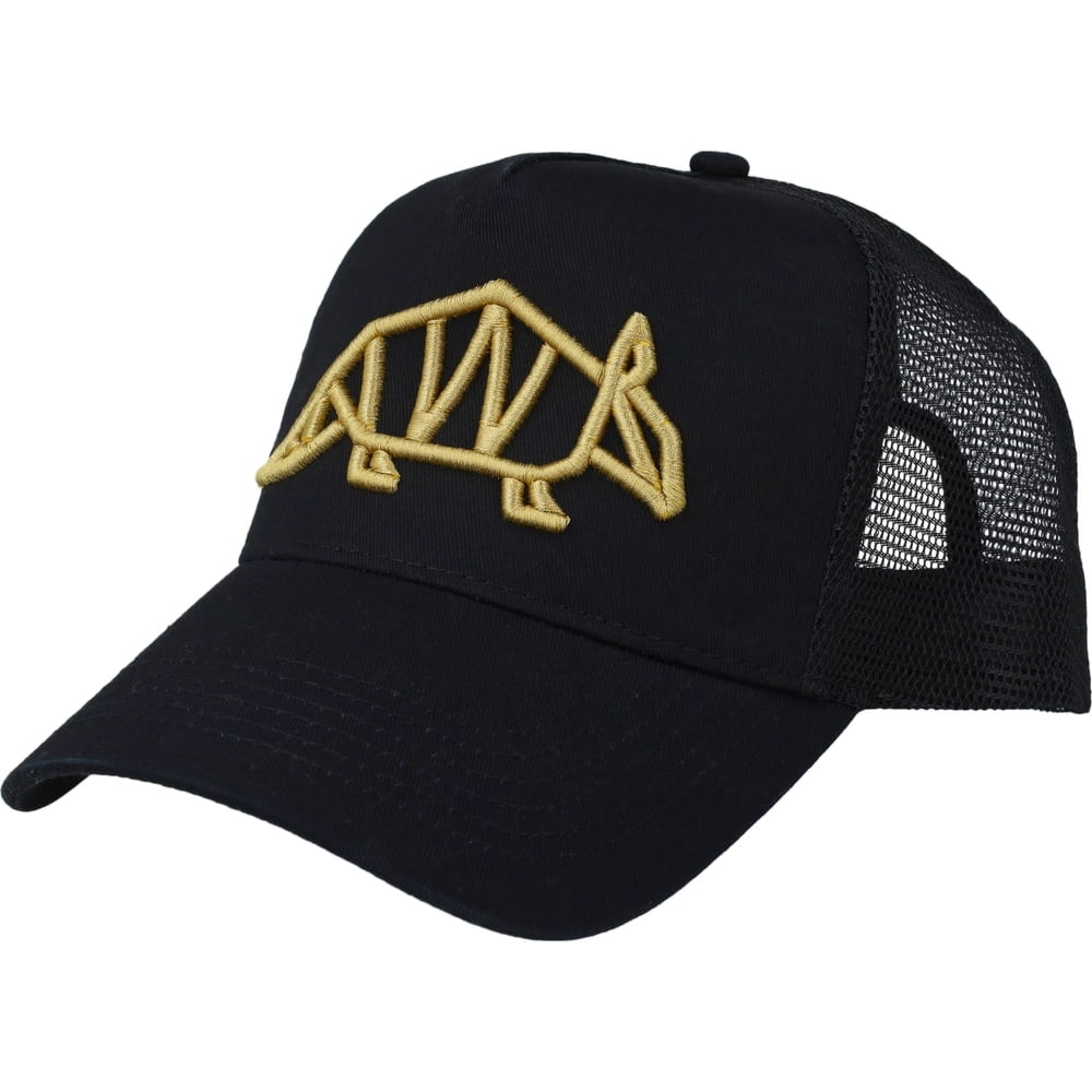 Czapka z daszkiem i siatką Snapback Trucker z logo Pancernik.eu, czarna ze złotym naszyciem