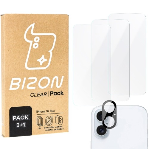 Image of 3x Szkło hartowane + szybka na aparat Bizon Clear 2 Pack do Apple iPhone 16 Plus