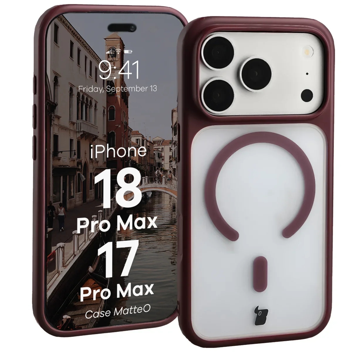 Etui z pierścieniem magnetycznym Bizon Case MatteO do iPhone 18 Pro Max / 17 Pro Max, półprzezroczyste z burgundową ramką