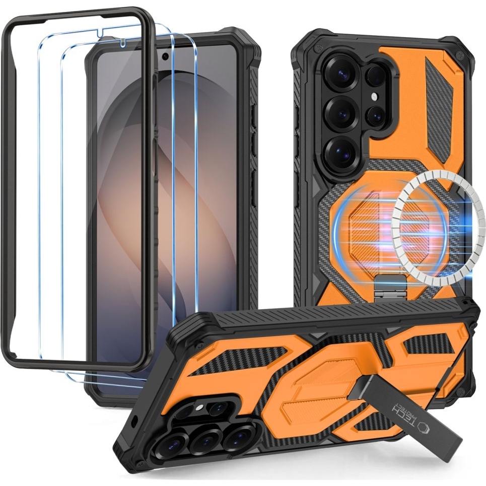 Etui pancerne Tech-Protect MagBlast MagSafe + 2x szkło hartowane do Galaxy S26 Ultra, czarno-pomarańczowe