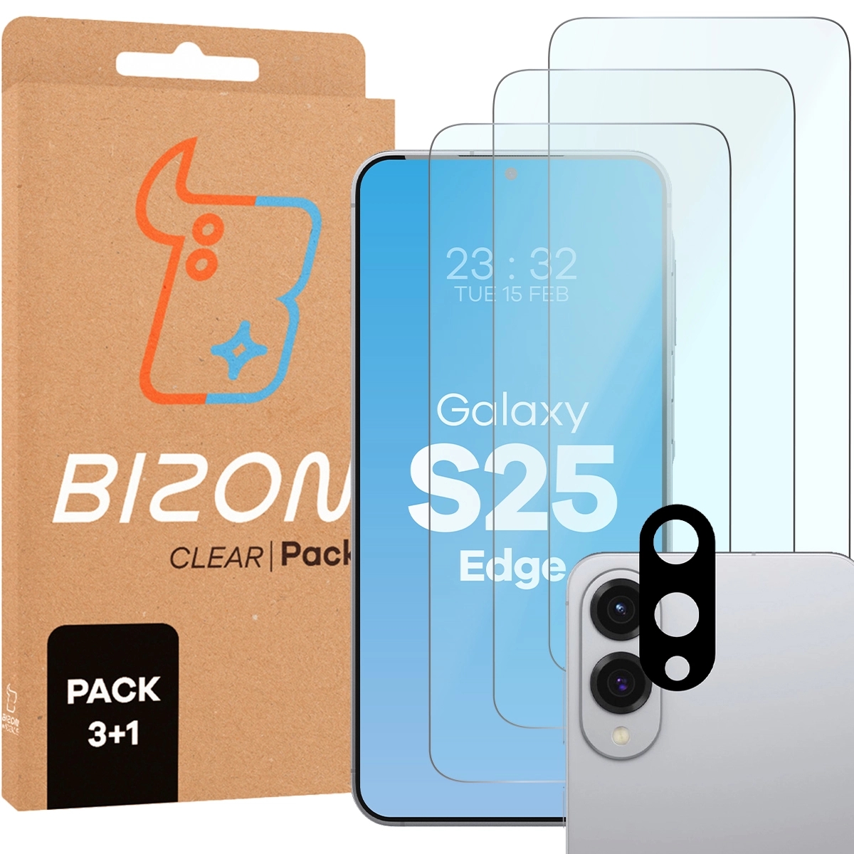 Image of 3x Szkło hartowane + szybka na aparat Bizon Glass Clear 2 Pack do Samsung Galaxy S25 Edge
