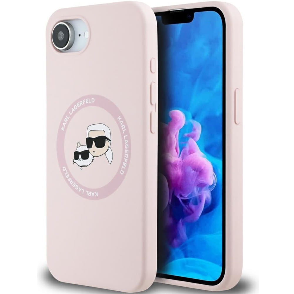 Image of Etui Karl Lagerfeld Hard Case Silicone Karl & Choupette Heads Ring MagSafe do iPhone 16e, różowe
