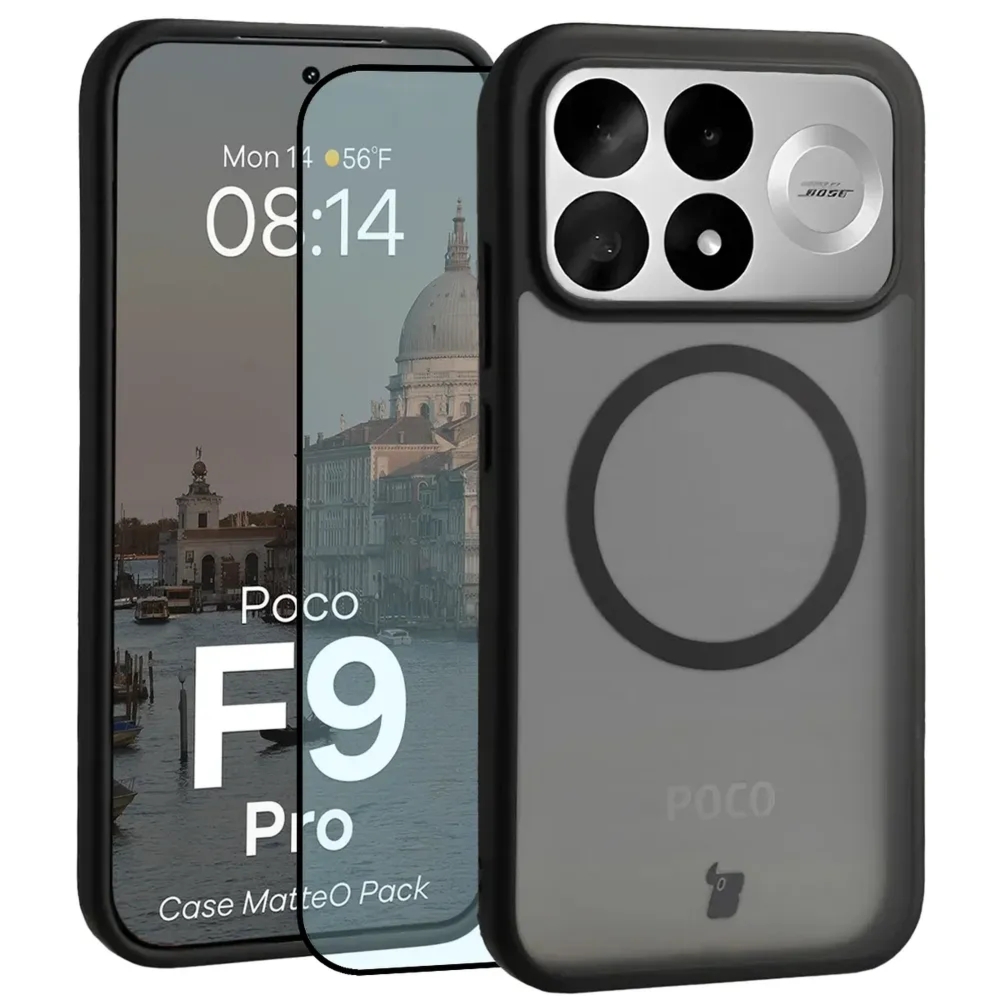 Etui z pierścieniem magnetycznym + szkło hartowane Bizon MatteO Pack do Xiaomi POCO F9 Pro, przydymione-czarne