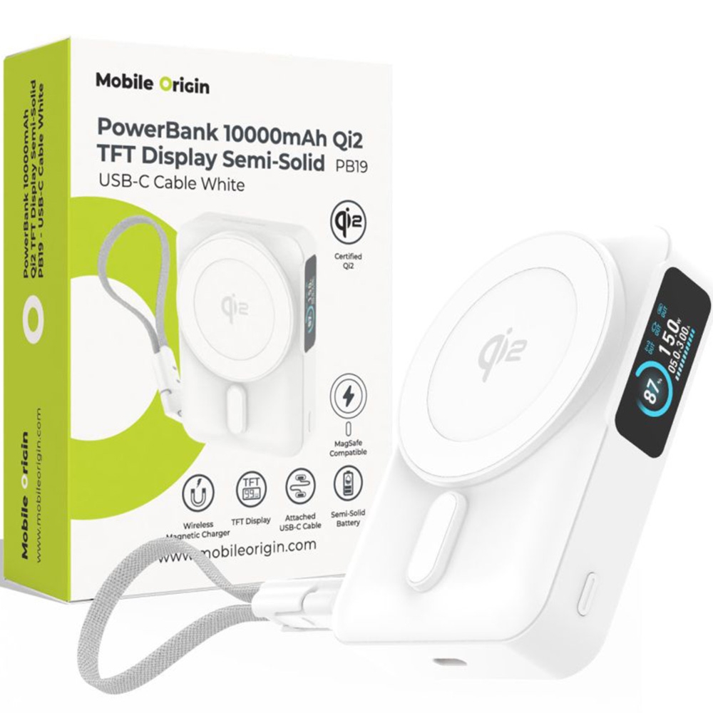 OUTLET: Powerbank indukcyjny Mobile Origin PB19 do MagSafe, Qi2 15W, USB-C 20W, 10 000mAh + kabel USB-C, biały