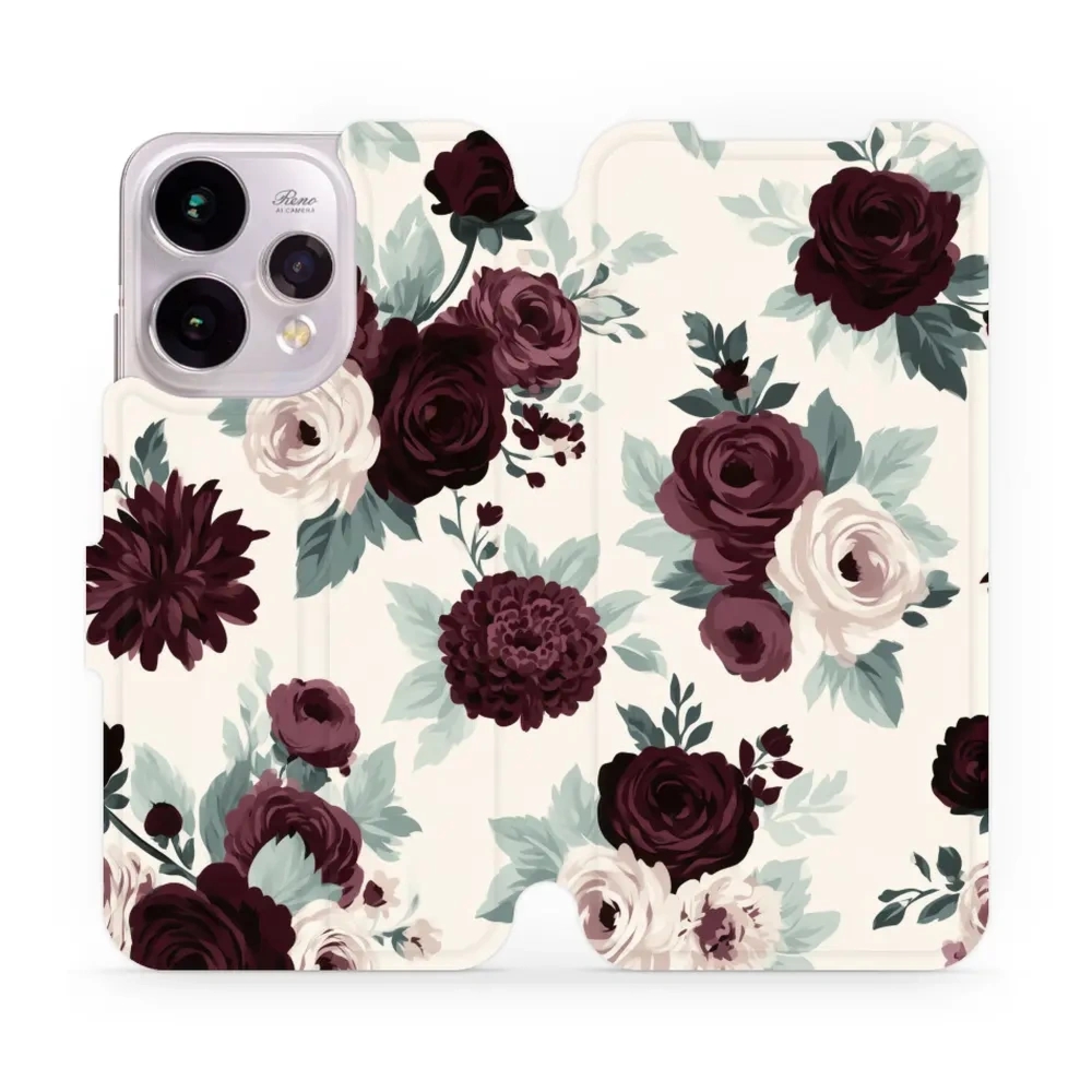 Etui z klapką do OPPO Reno15, Mobiwear Book, róże z szałwią na kremie