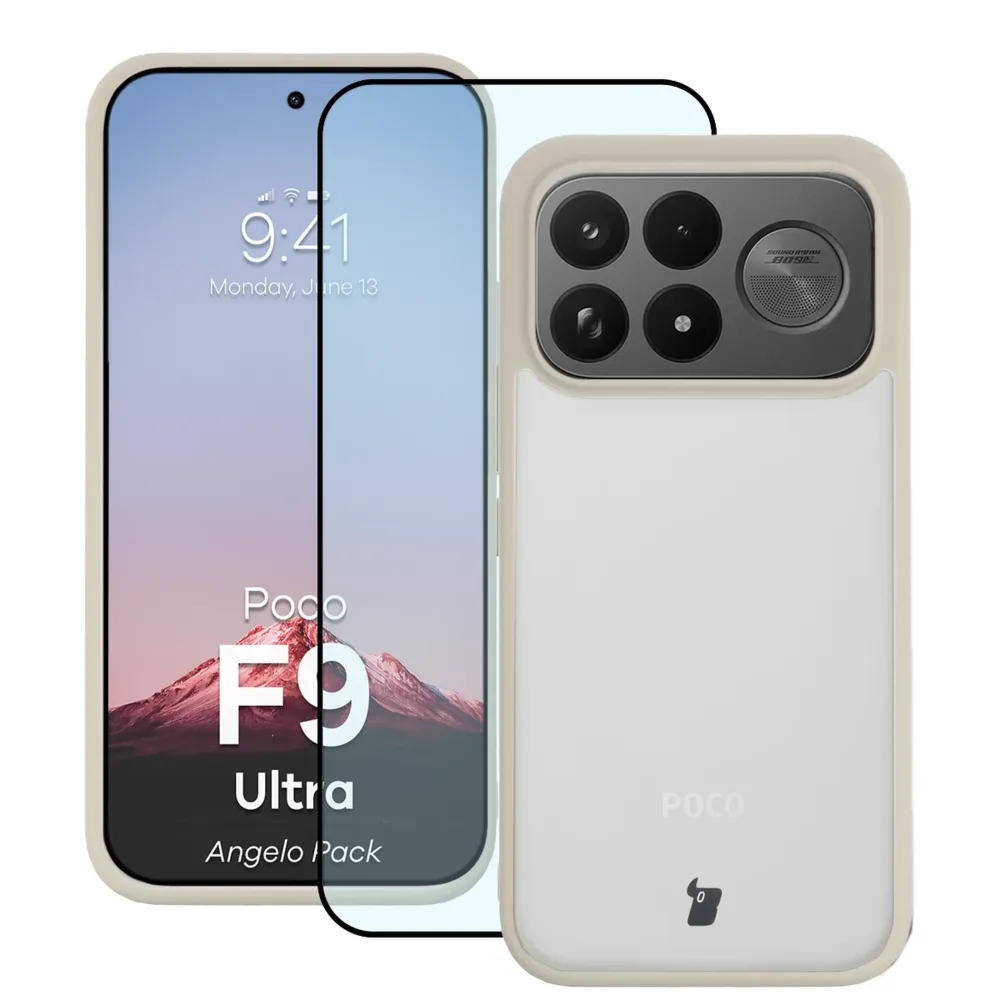 Etui + szkło hartowane Bizon Angelo Pack do Xiaomi POCO F9 Ultra, półprzezroczyste z beżową ramką