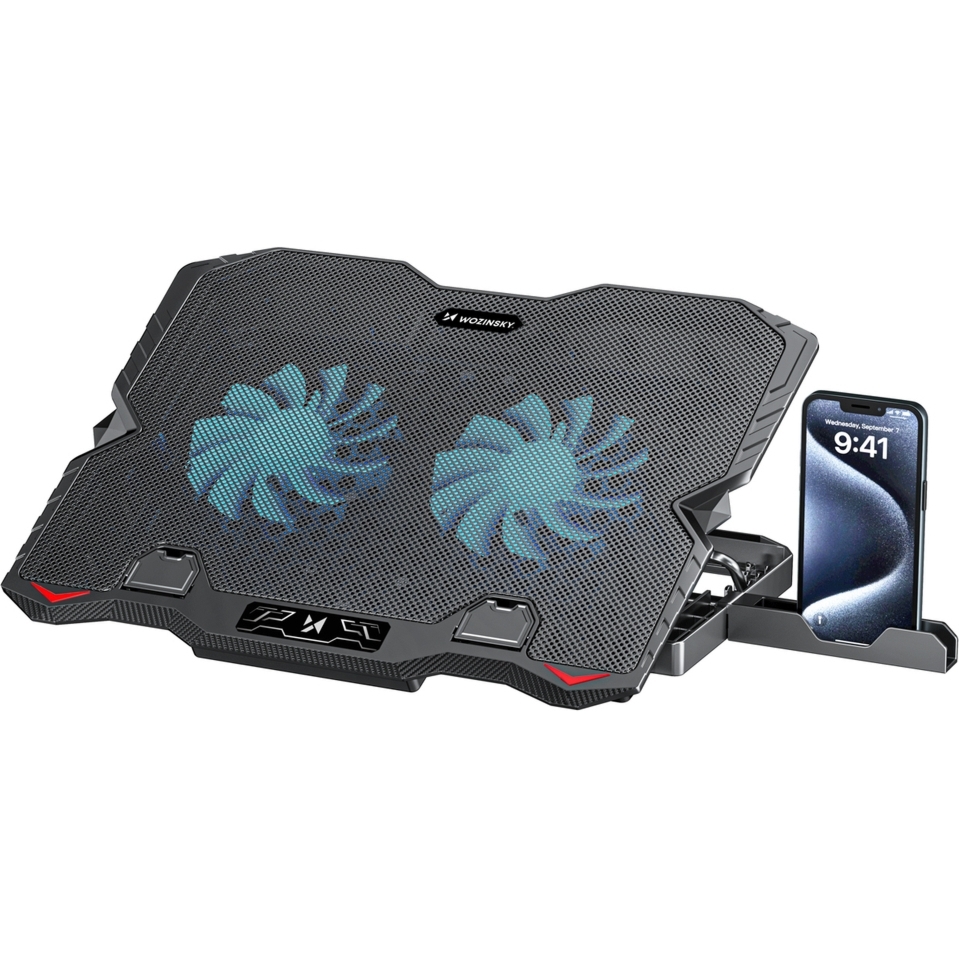 Podstawka chłodząca pod laptopa do 15,6″, Wozinsky WDCX-015 StormPad RGB z uchwytem na telefon, czarna
