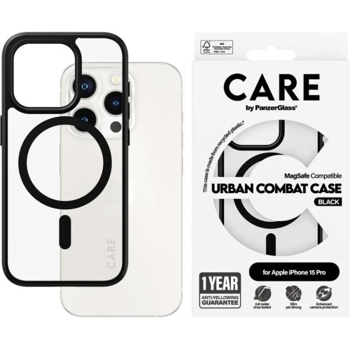 Image of Etui CARE by PanzerGlass Urban Combat Case MagSafe do iPhone 15 Pro, przezroczyste z czarnym