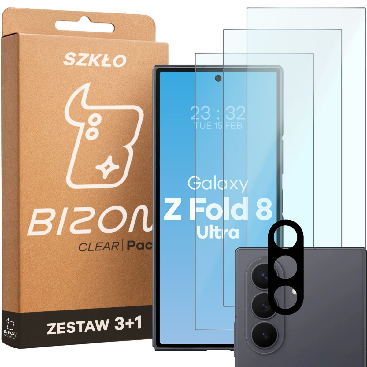 3x Szkło hartowane + szybka na aparat Bizon Glass Clear Pack do Galaxy Z Fold8 Ultra