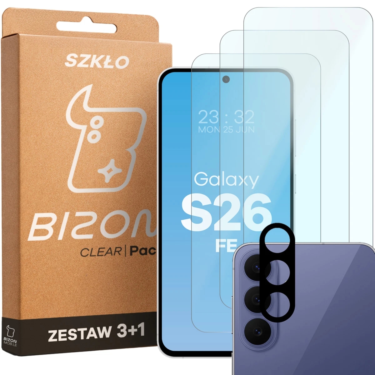 3x Szkło hartowane + szybka na aparat Bizon Glass Clear Pack do Galaxy S26 FE