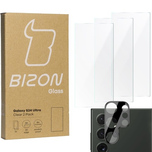 Image of 3x Szkło + szybka na aparat BIZON Clear 2 Pack do Galaxy S24 Ultra