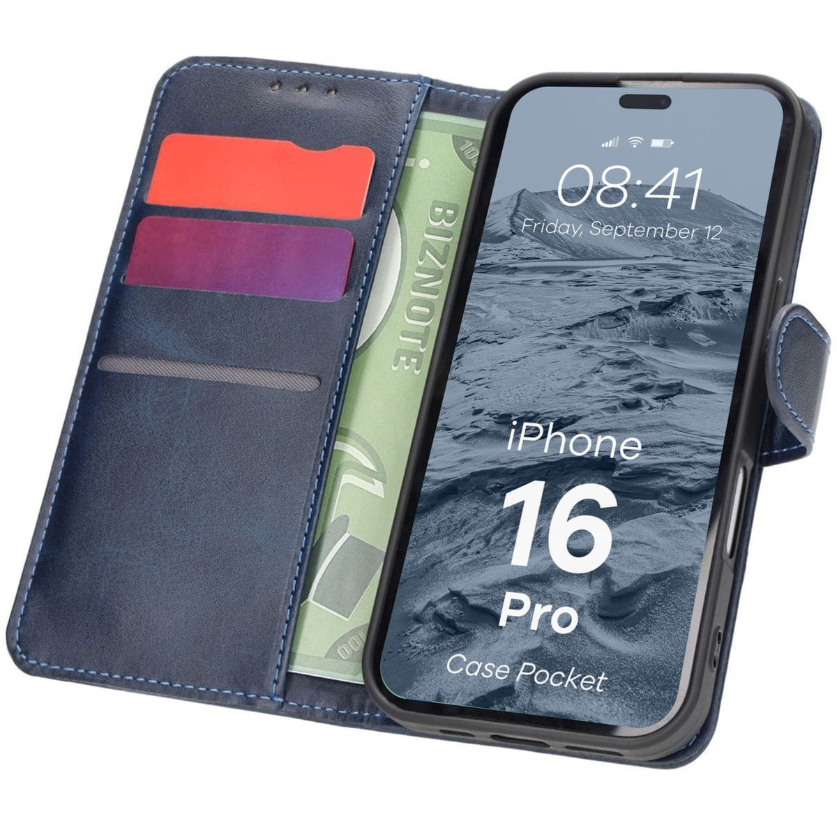 Etui z klapką Bizon Case Pocket do iPhone 16 Pro, granatowe