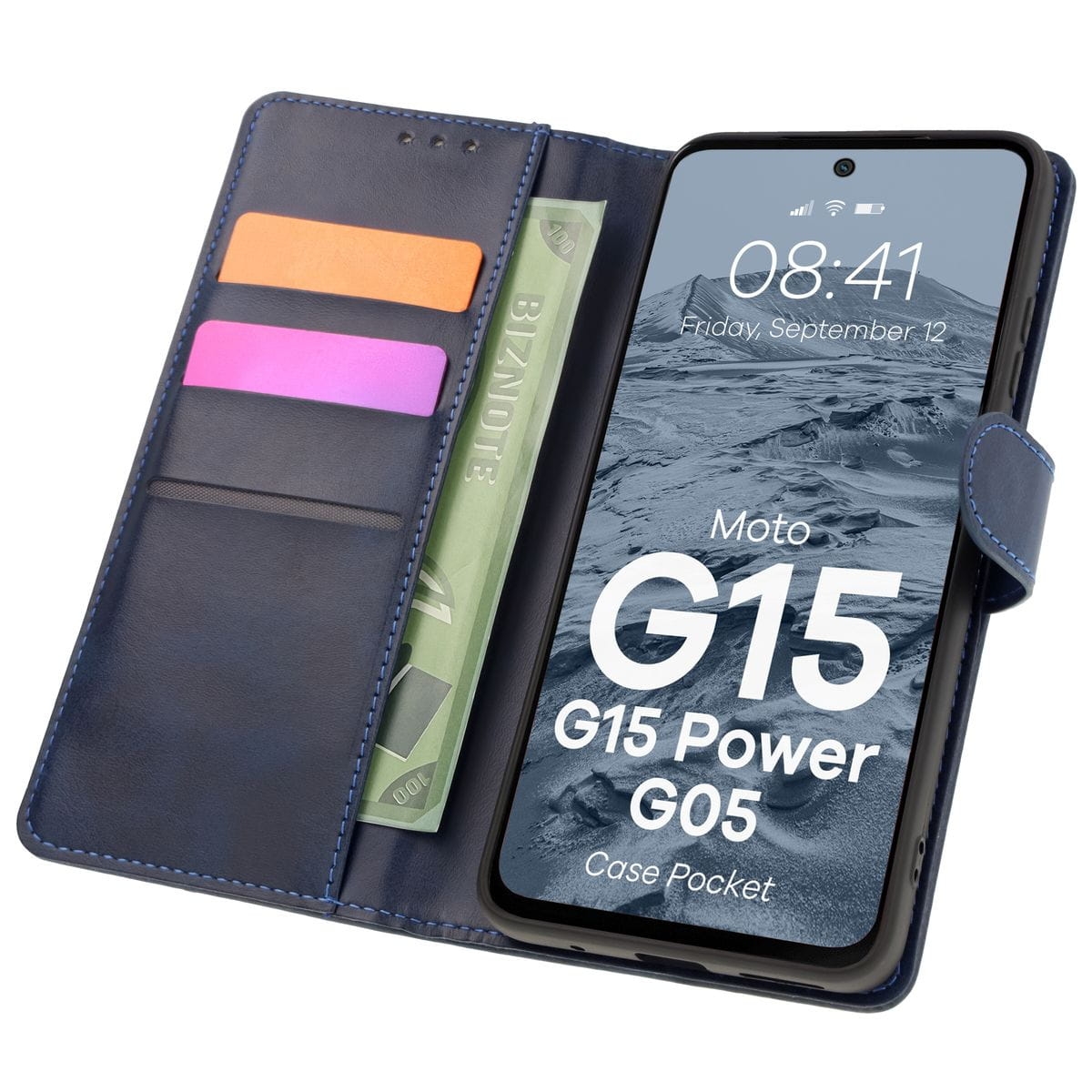 Image of Etui z klapką Bizon Case Pocket do Motorola Moto G15 / G15 Power / G05, granatowe