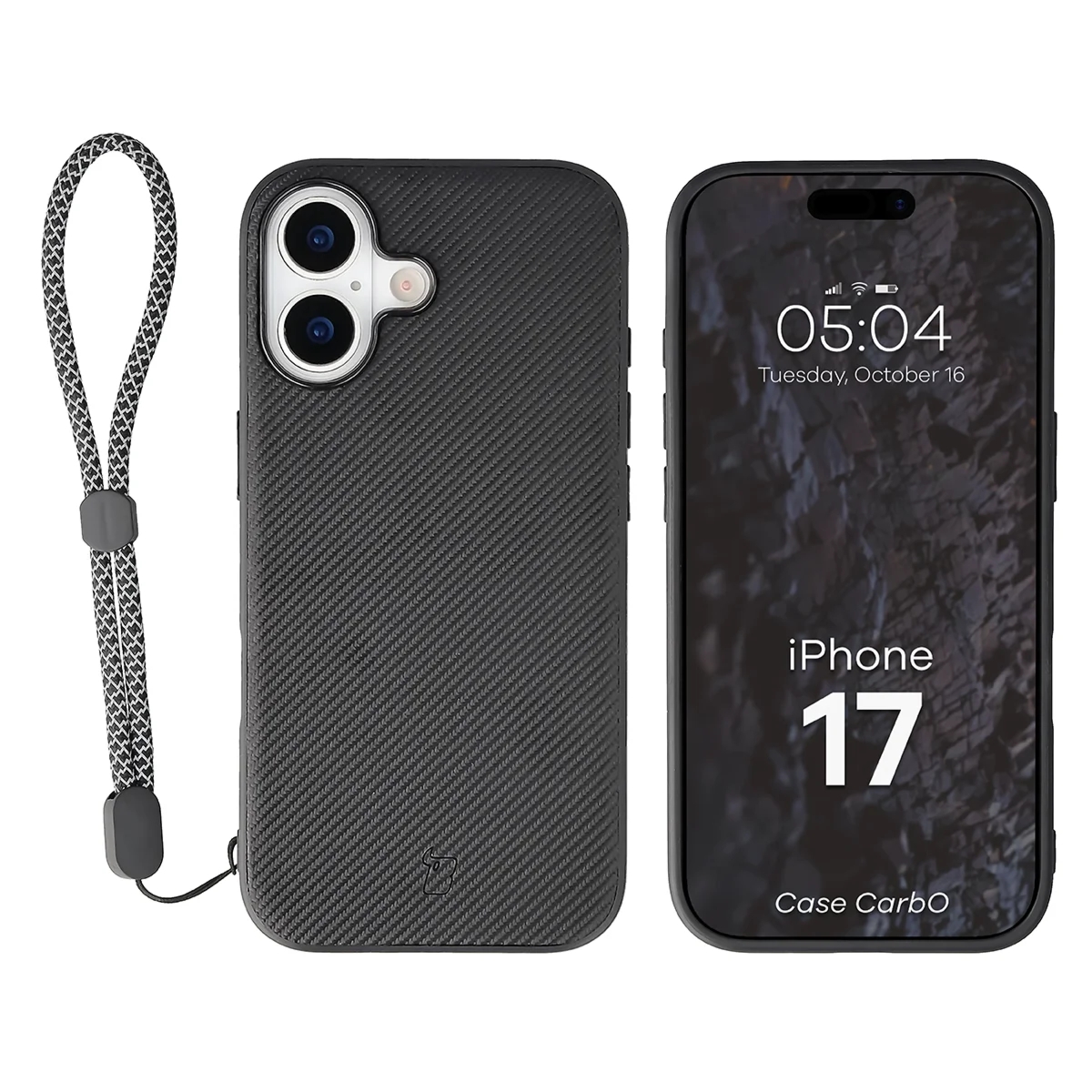 Etui ze smyczką na nadgarstek i pierścieniem magnetycznym Bizon Case CarbO do iPhone 17, czarne