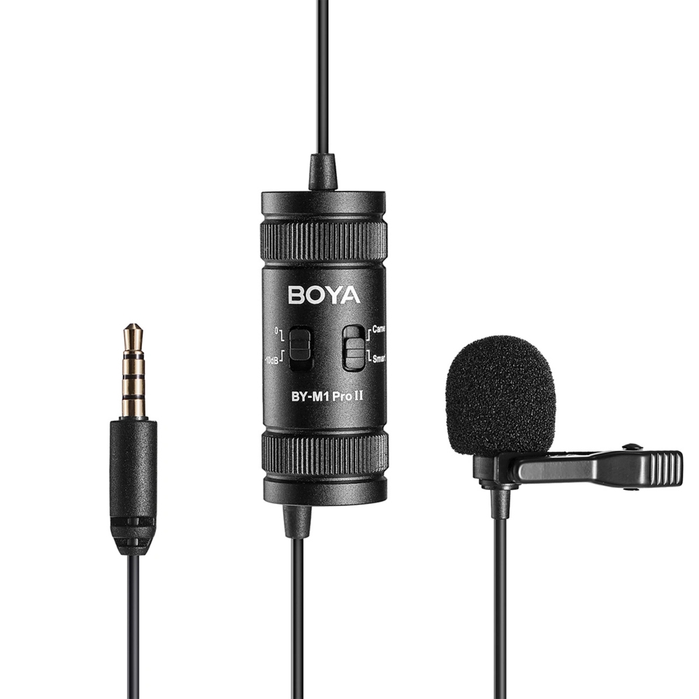Mikrofon krawatowy, BOYA BY-M1 Pro II, przewód 6 m, minijack 3.5 mm, klips, pojemnościowy, czarny