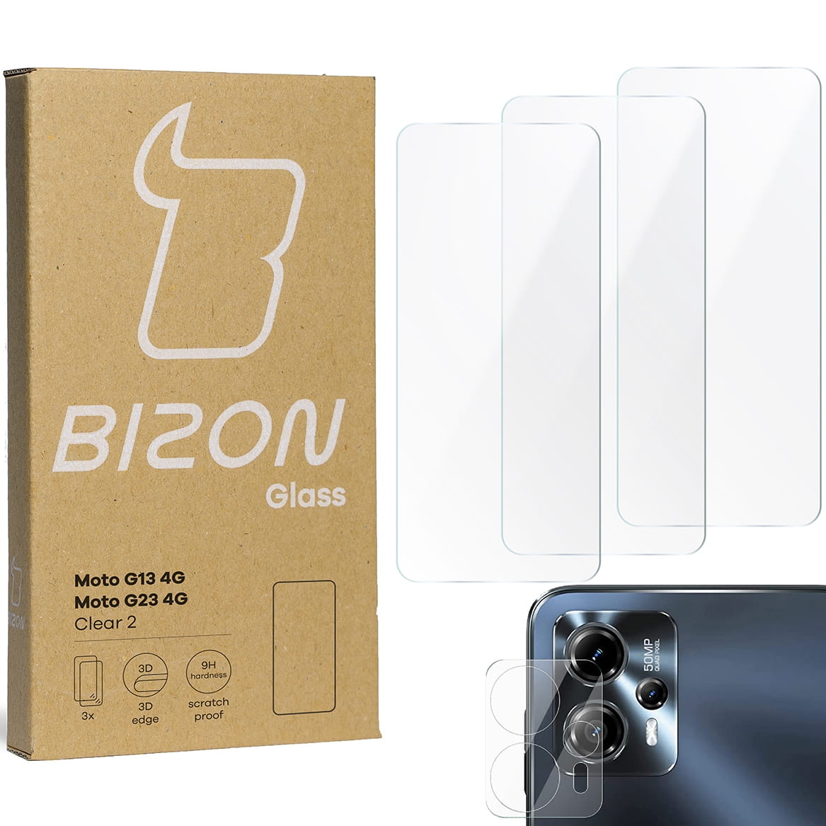 Image of 3x Szkło hartowane + szybka na aparat Bizon Glass Clear 2 Pack do Moto G13/G23 4G