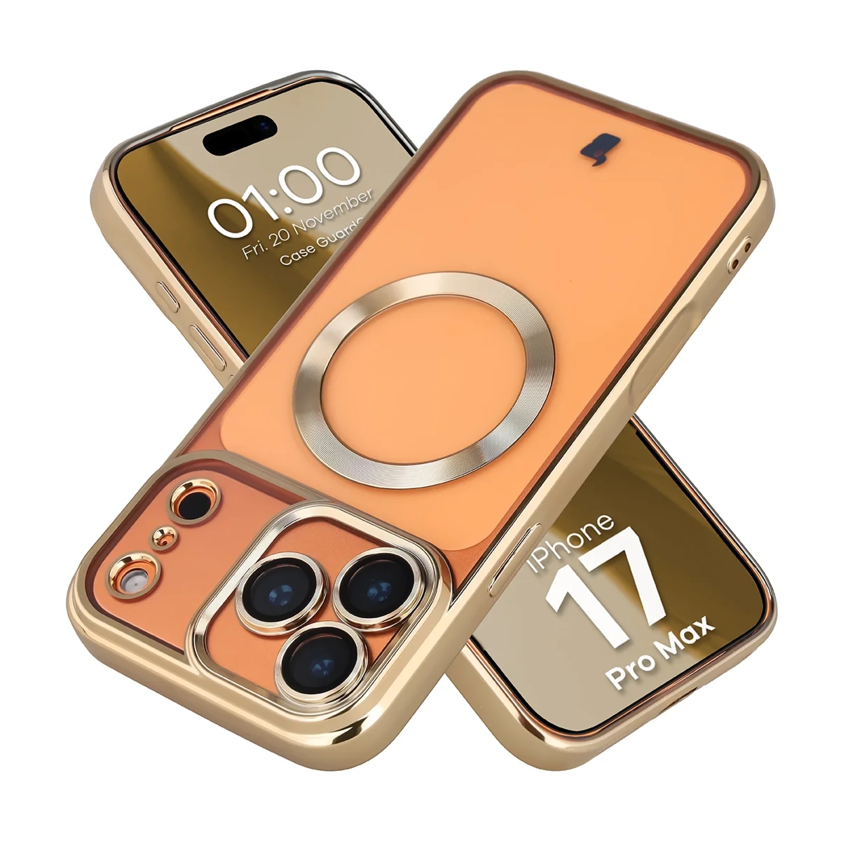 Etui z ochroną aparatu i pierścieniem magnetycznym Bizon Case GuardO do iPhone 17 Pro Max, przezroczysto-złote
