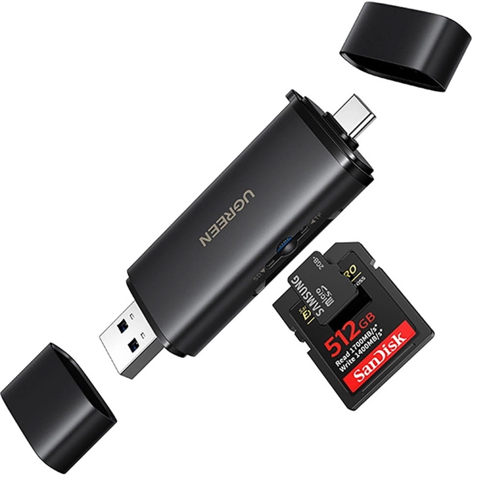 Adapter, czytnik kart SD / microSD Ugreen CM803 na USB 3.0 i USB-C, czarny