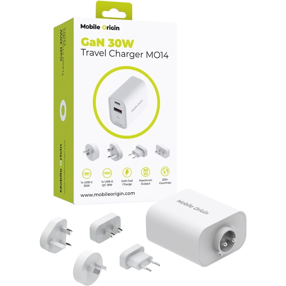 Image of Ładowarka sieciowa, podróżna Mobile Origin Travel Charger M014 30W, USB-C, USB-A z adapterami do EU, USA, UK, AUS, biała