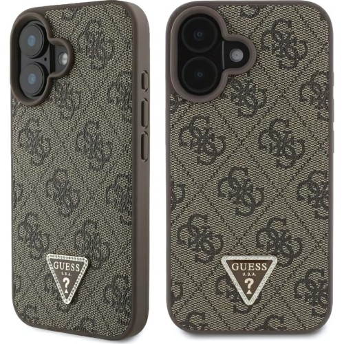 Image of Etui Guess Hardcase Leather 4G Triangle Strass do iPhone 16, brązowe