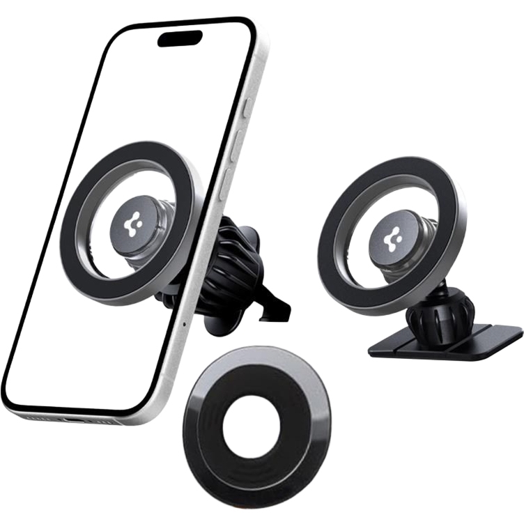 OUTLET: Uchwyt samochodowy, magnetyczny na telefon na deskę rozdzielczą / kratkę nawiewu do MagSafe Spigen MFT13 Magnetic Car Mount z blaszką magnetyczną, czarny