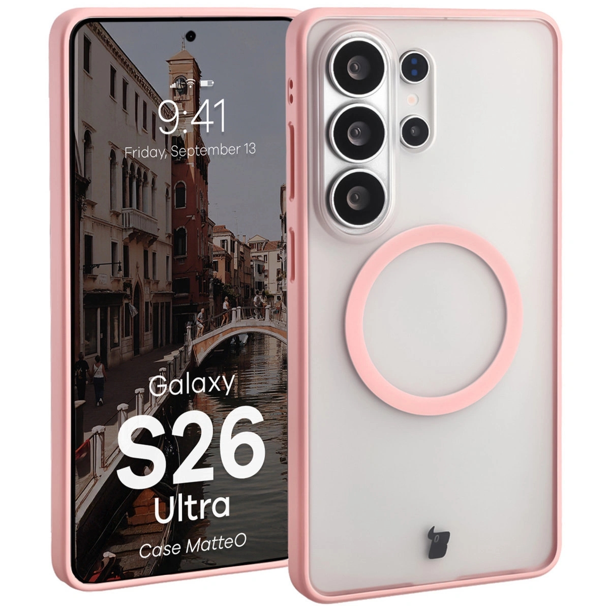 Etui z pierścieniem magnetycznym Bizon Case MatteO do Galaxy S26 Ultra, przydymione-jasnoróżowe