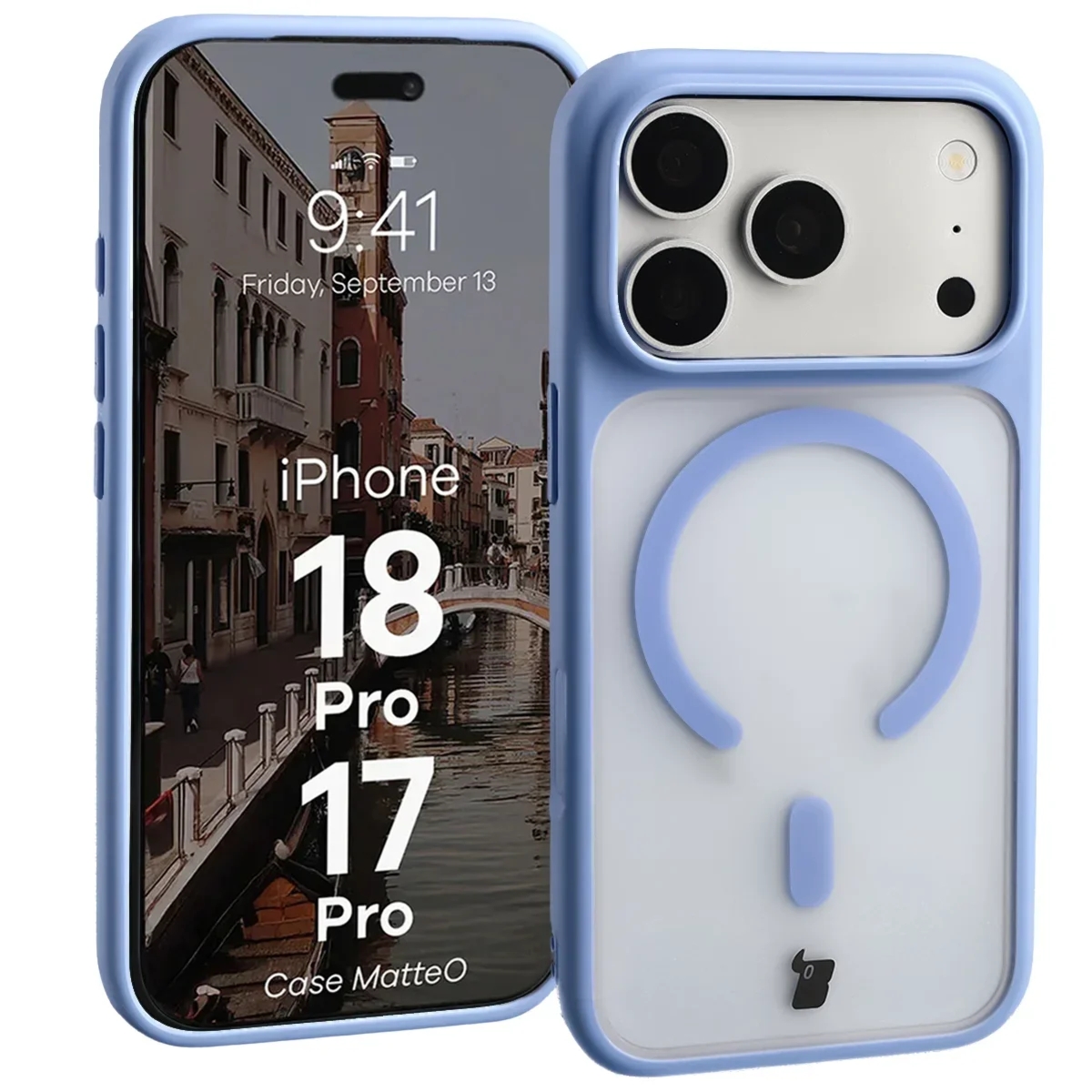 Etui z pierścieniem magnetycznym Bizon Case MatteO do iPhone 18 Pro / 17 Pro, półprzezroczyste z jasnoniebieską ramką
