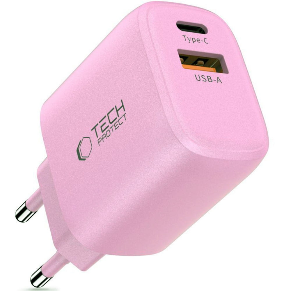 Ładowarka sieciowa USB-C PD, USB-A QC 3.0, 20W, Tech-Protect NCA20, różowa