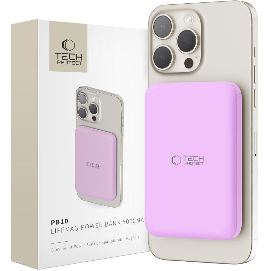 Image of Powerbank z ładowaniem indukcyjnym 5000 mAh 15W, Tech-Protect PB10 Lifemag do MagSafe, fioletowy