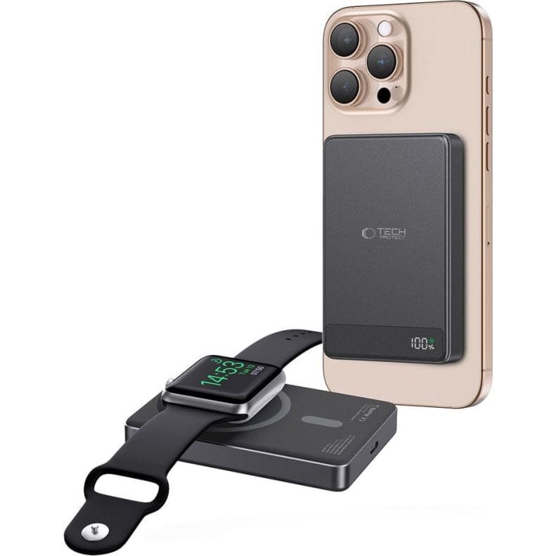 Powerbank z ładowaniem indukcyjnym do telefonu/zegarka do MagSafe 5000mAh i kablem USB-C, Tech-Protect PB33 LifeMag,  czarny