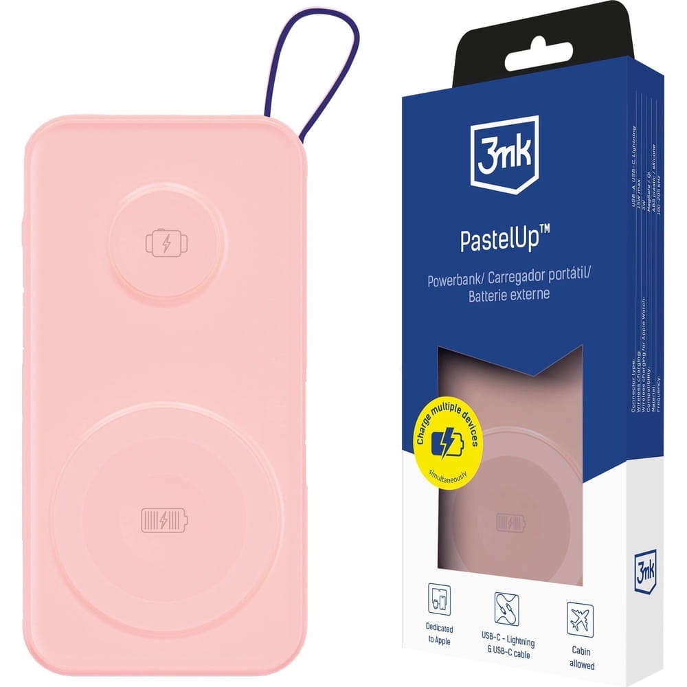 Image of Powerbank 3mk PastelUp do MagSafe, 1x USB-C, 1x USB-A, 1x Lightning, 10 000mAh, 22,5W, różowy