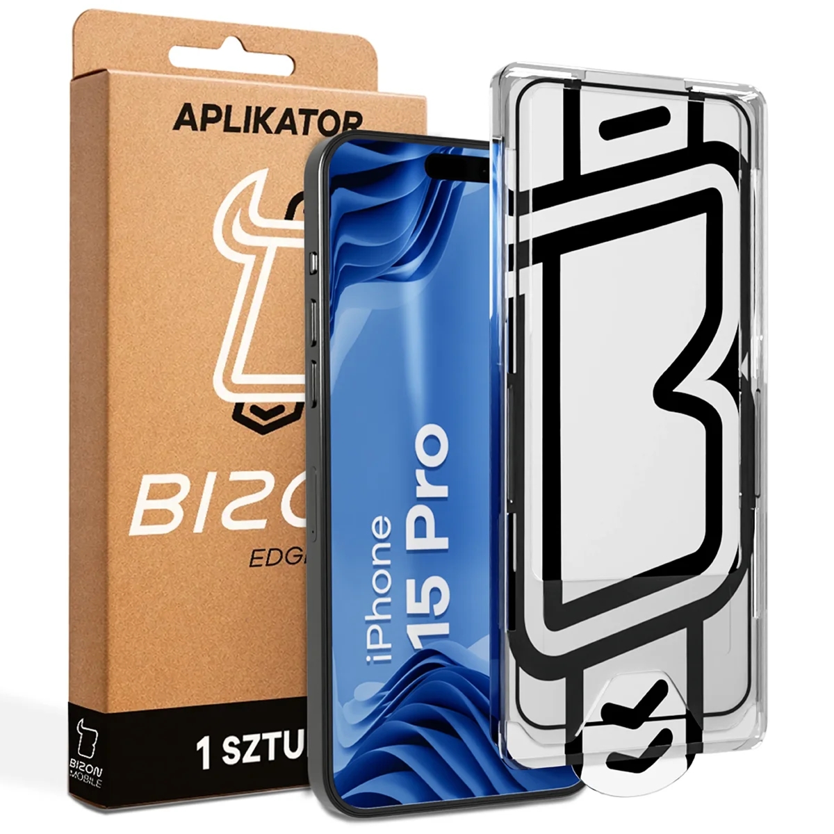 Szkło hartowane z ramką aplikacyjną Bizon Glass Aplikator Edge do iPhone 15 Pro, 1 zestaw