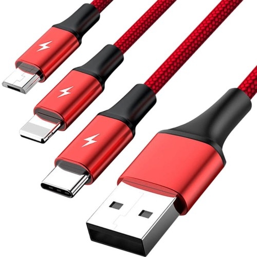 Image of Kabel Unitek 3w1 USB-A do USB-C / Lightning / MicroUSB 2.4A, 1,2m, czerwony