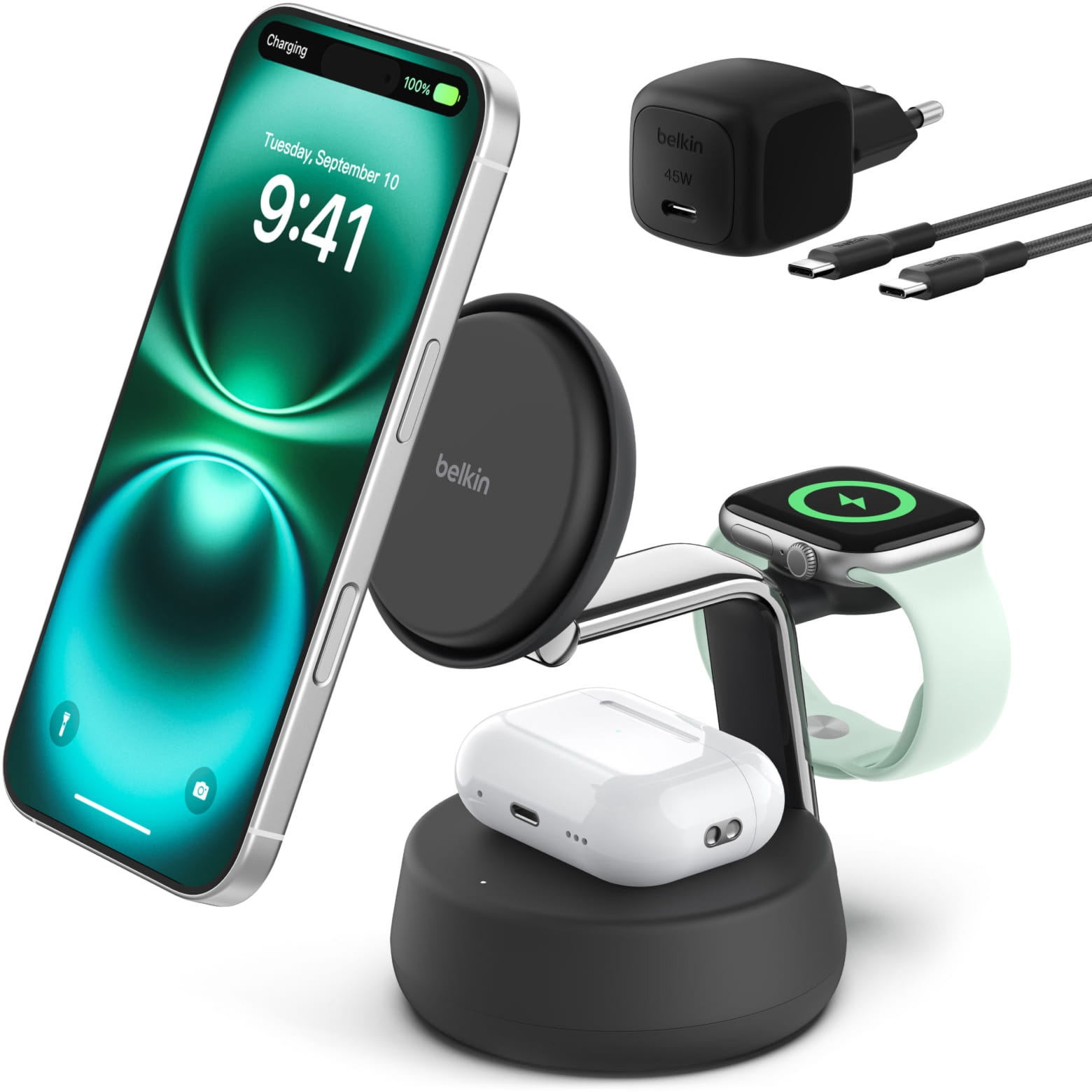 Ładowarka indukcyjna Belkin Ultra Charge Pro 3-in-1 Qi2.2 25W dla Apple Watch / AirPods / iPhone z MagSafe +PSU WIZ040, szara