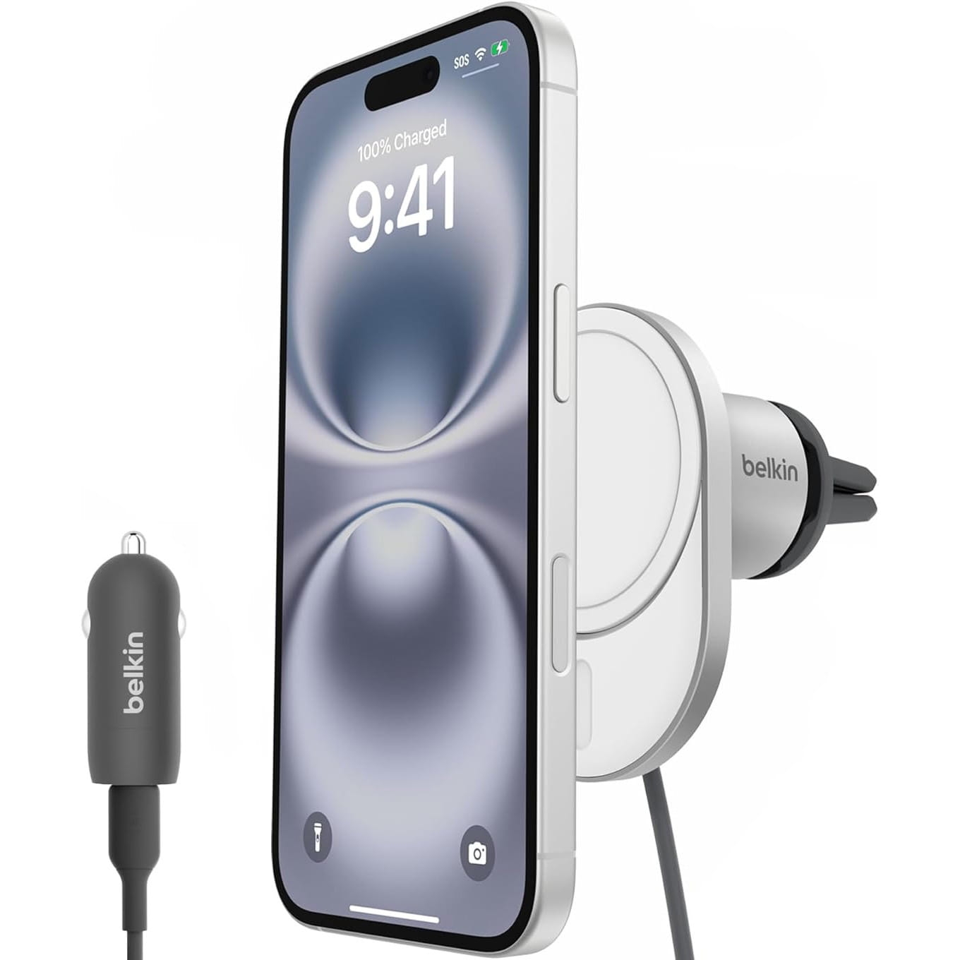 Image of Uchwyt samochodowy magnetyczny Belkin Boost Pro Magnetic Car Charger Qi2 15W Vent Mount MagSafe + ładowarka samochodowa 20W, szary
