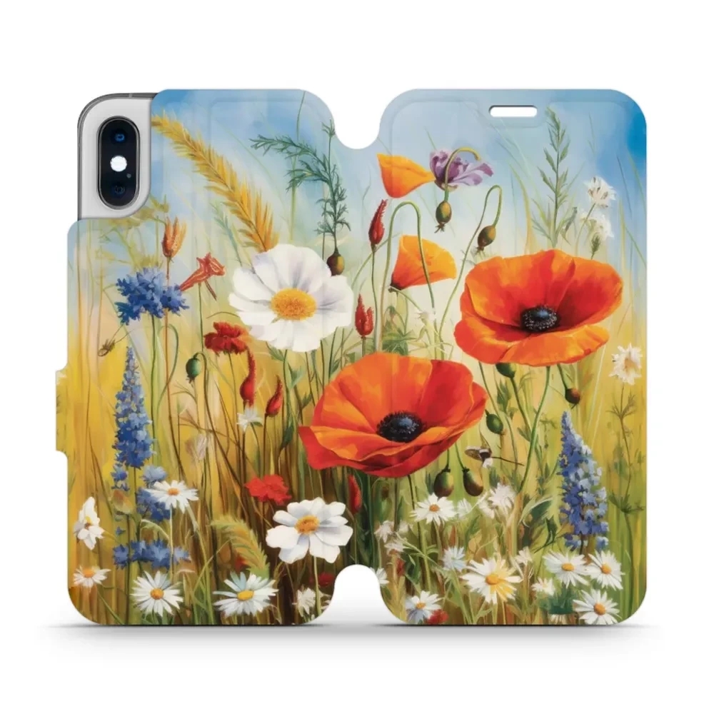 Etui z klapką do iPhone Xs, Mobiwear Book, łąkowe kwiaty