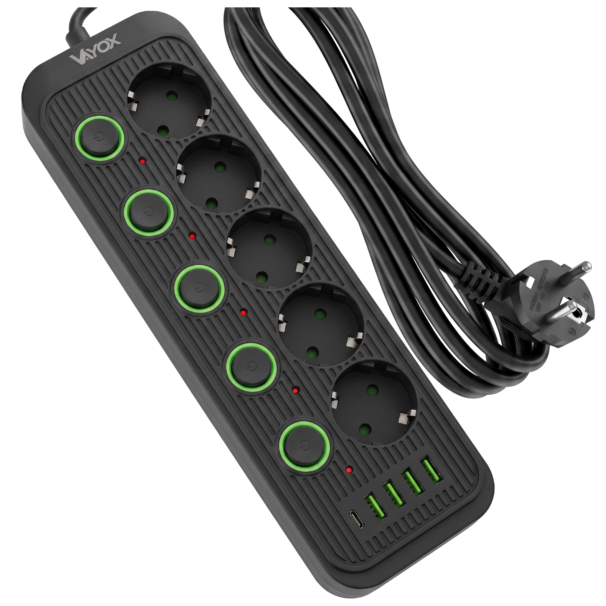 Listwa zasilająca/przedłużacz Vayox VA0473B-3, 5x gniazdo sieciowe Schuko, 1x USB-C, 4x USB-A, wraz z kablem 3m, czarna