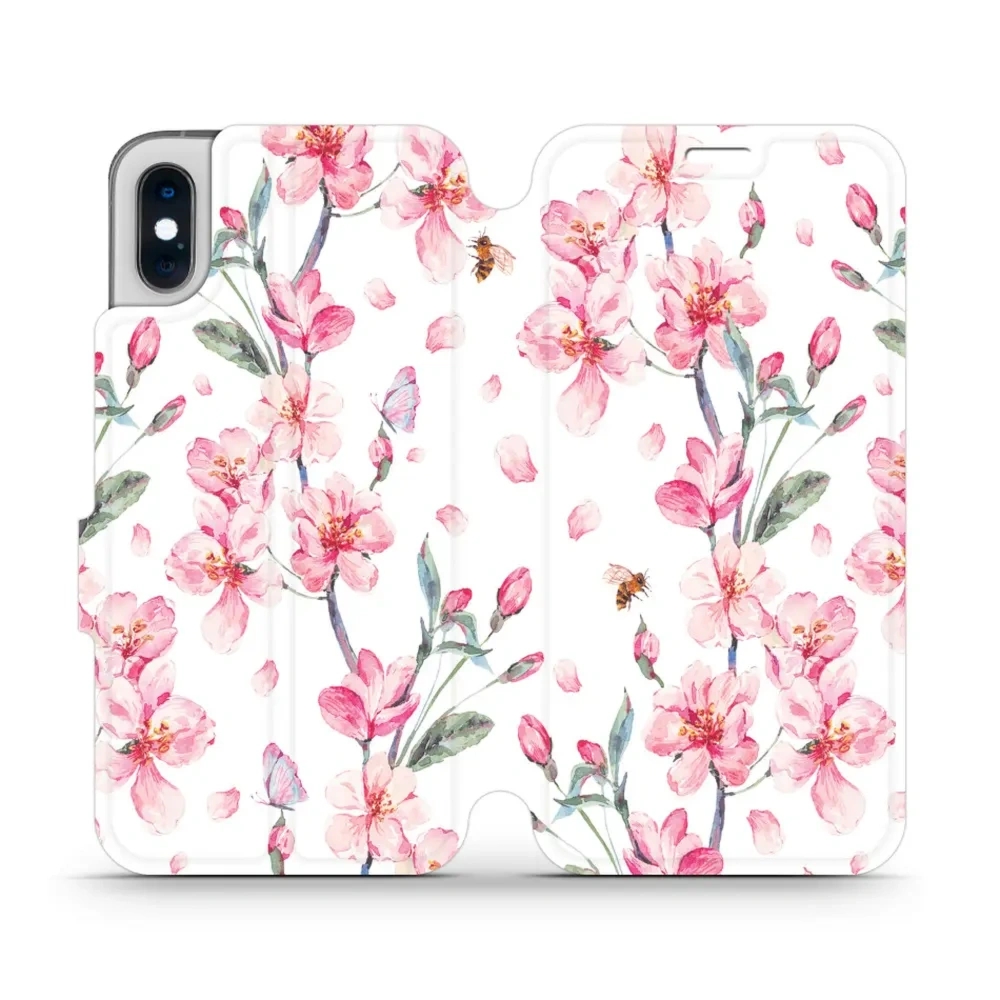 Etui z klapką do iPhone Xs, Mobiwear Book, różowa wiosna