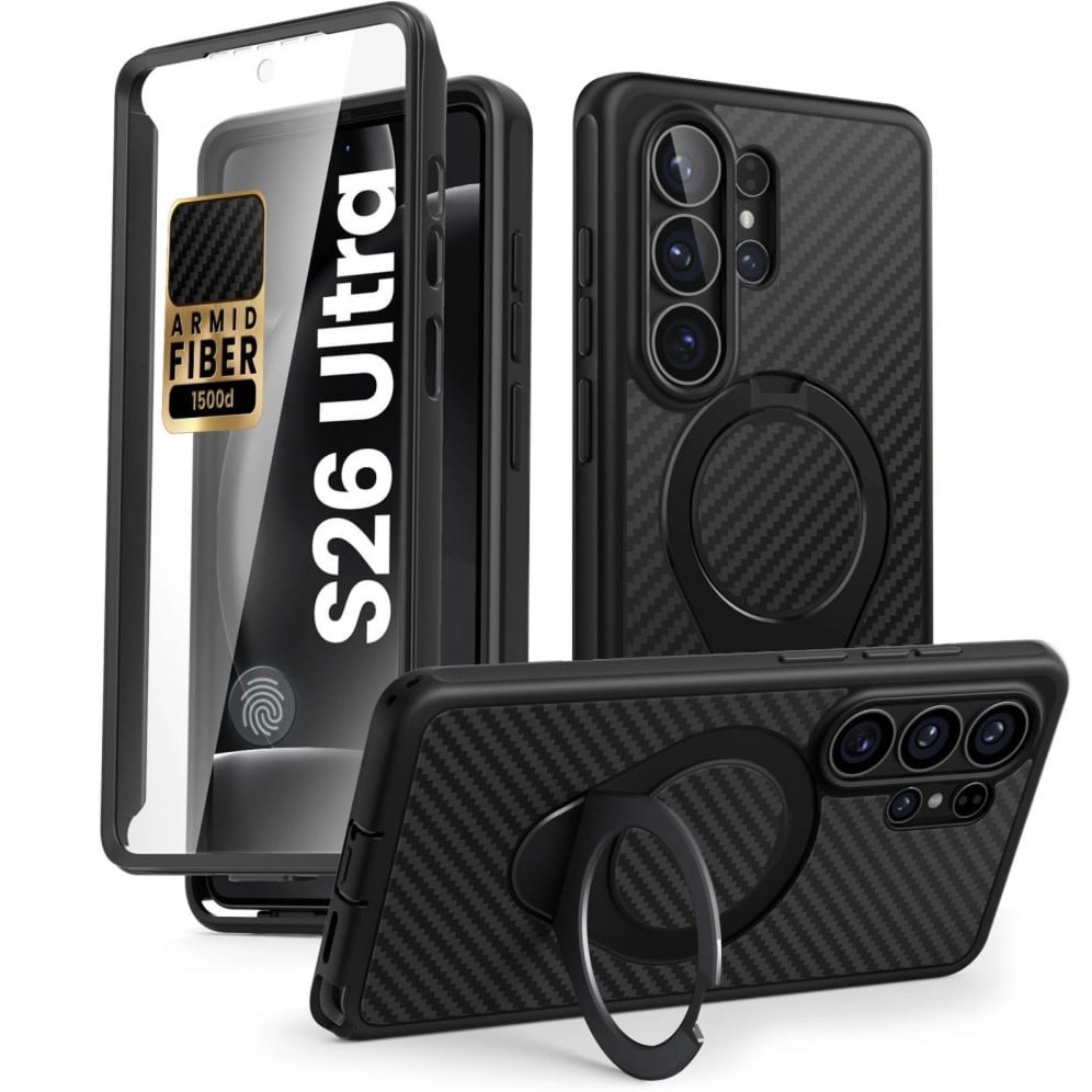 Etui pancerne Supcase i-Blason Cosmo Mag RingStand Aramid SP MagSafe do Galaxy S26 Ultra, czarne z włóknem węglowym