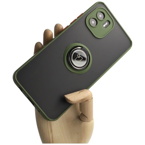 Image of Etui z uchwytem na palec Bizon Case Hybrid Ring do Xiaomi Redmi A1, przydymione z zieloną ramką