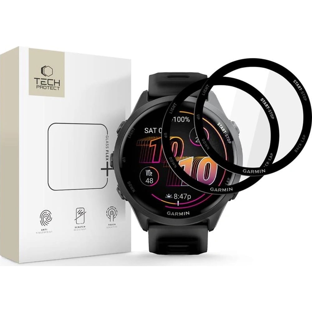 Image of Szkło hybrydowe Tech-Protect Glass Flex+ do Garmin Forerunner 970 / 570 47mm, 2 sztuki, przezroczyste z czarną ramką